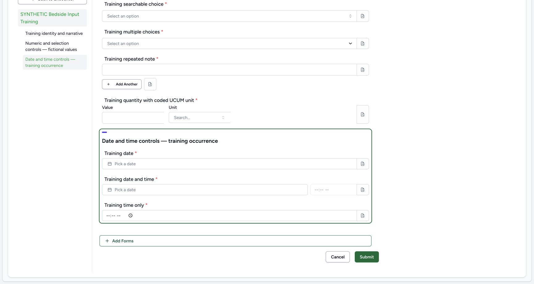 Read empty Quantity, Date, DateTime, Time and footer controls. Genuine wide MANSOQ ordinary Nurse screen on a clearly fictional Ambulatory encounter.