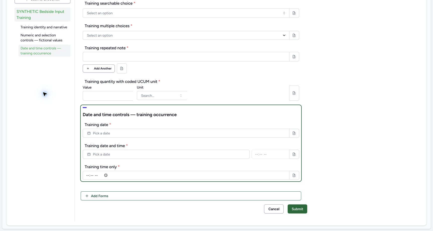 Find Submit beneath the empty required fields. Genuine wide MANSOQ ordinary Nurse screen on a clearly fictional Ambulatory encounter.