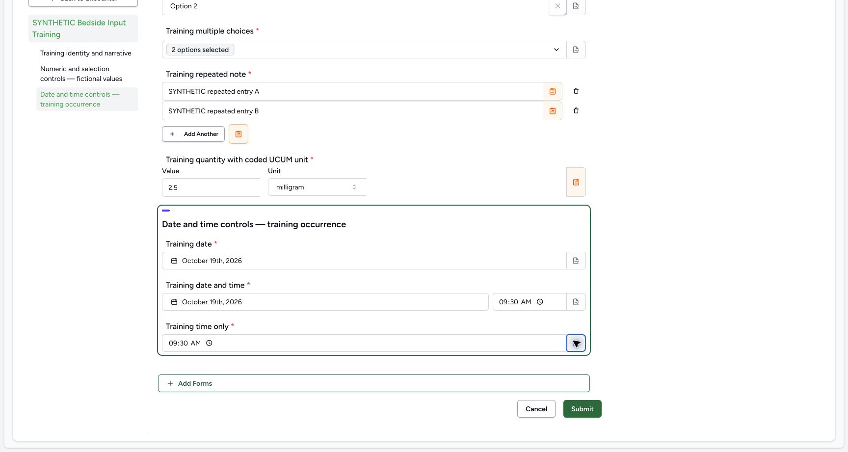 Review Date, DateTime, Time and the Time note indicator. Genuine wide MANSOQ ordinary Nurse screen on a clearly fictional Ambulatory encounter.