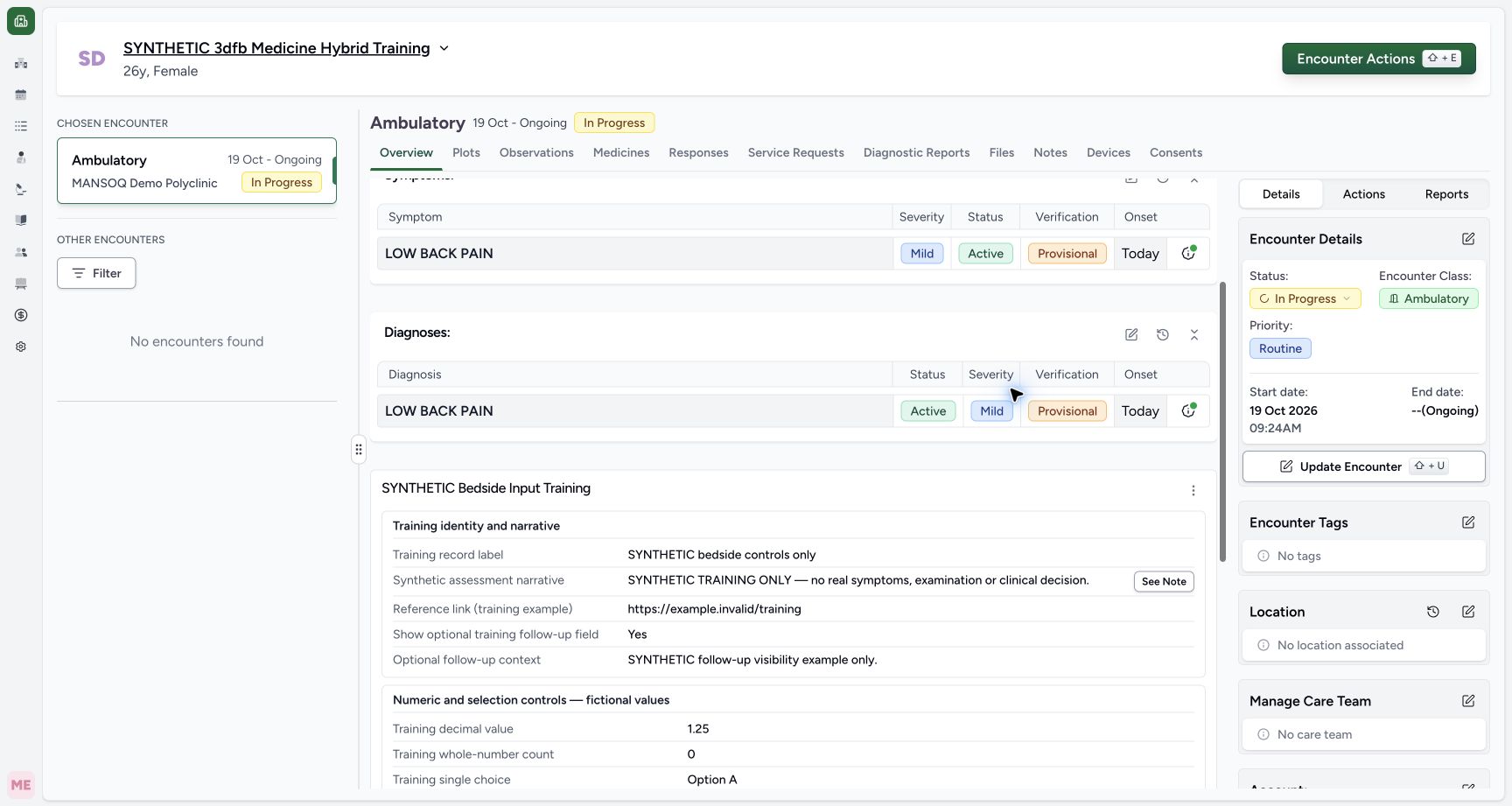 Read the saved label, narrative, URL and conditional answer. Genuine wide MANSOQ ordinary Nurse screen on a clearly fictional Ambulatory encounter.