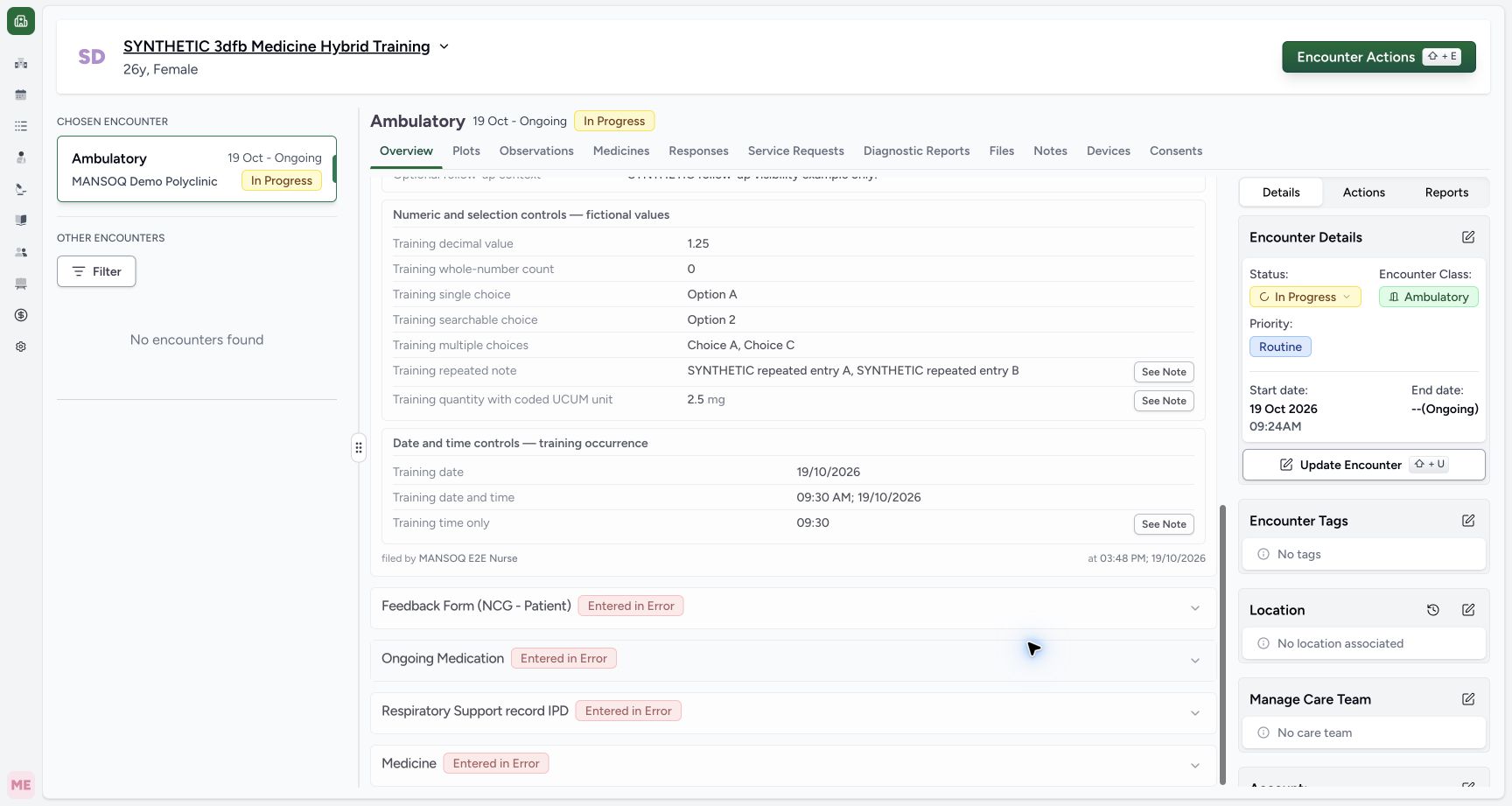 Inspect retained lower answers and original filing time. Genuine wide MANSOQ ordinary Nurse screen on a clearly fictional Ambulatory encounter.