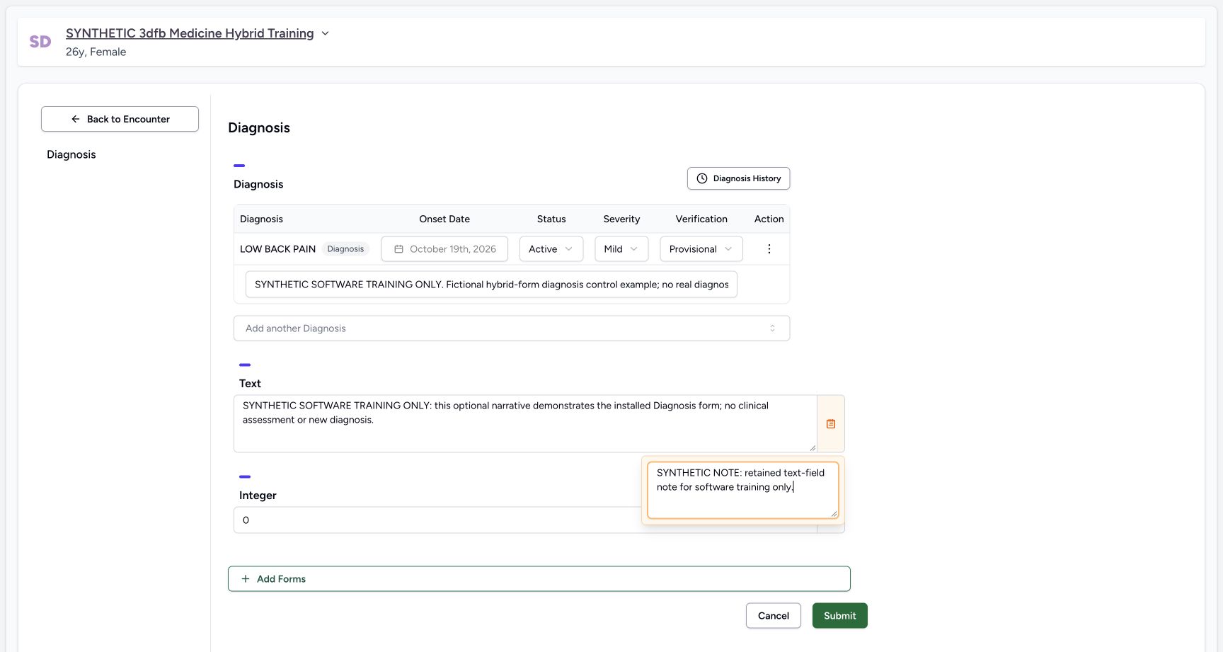 Enter fictional Text and a separate Text note. Genuine configured Diagnosis practice form for a synthetic training encounter.