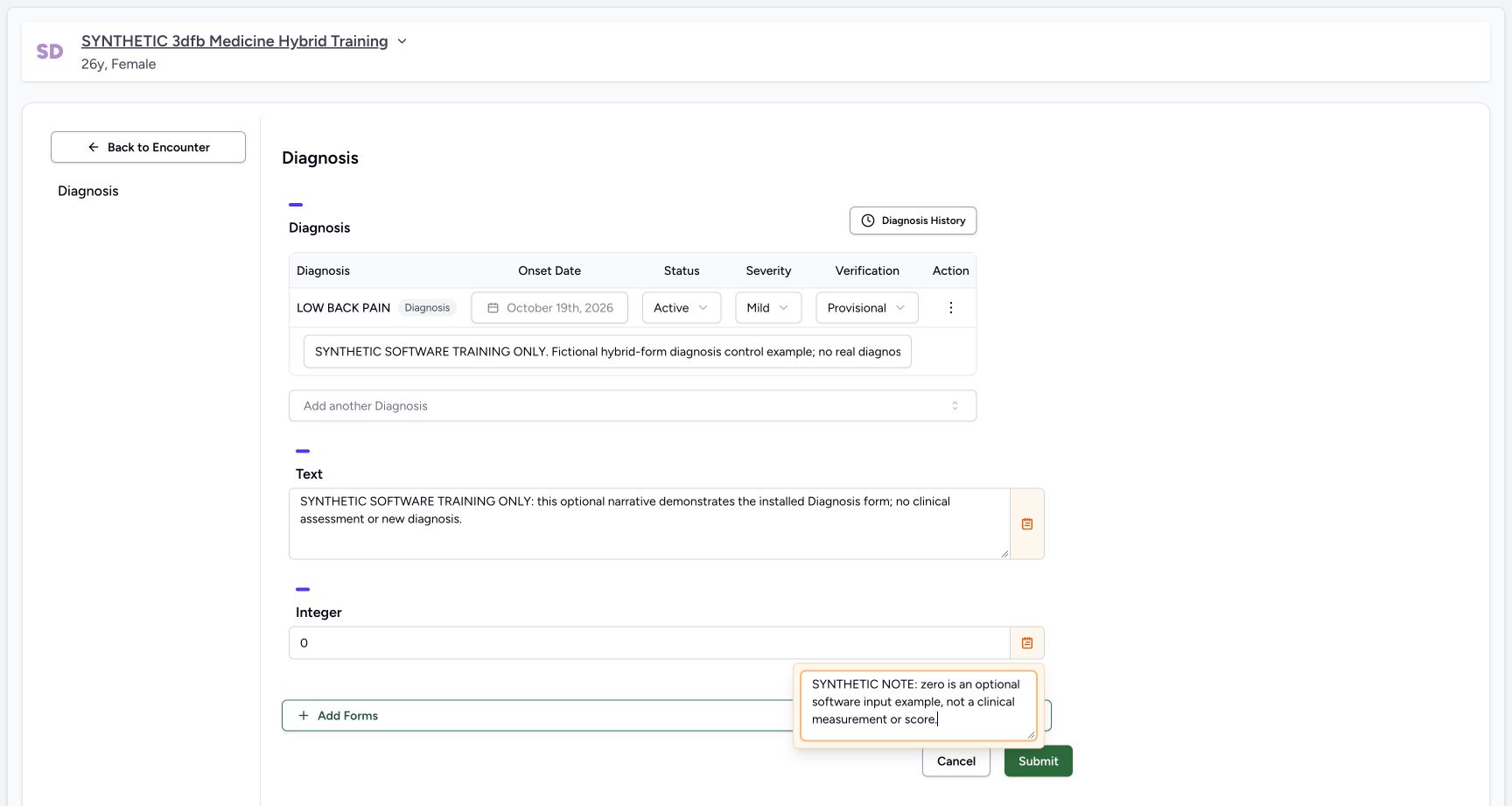 Enter zero and a separate Integer note. Genuine configured Diagnosis practice form for a synthetic training encounter.