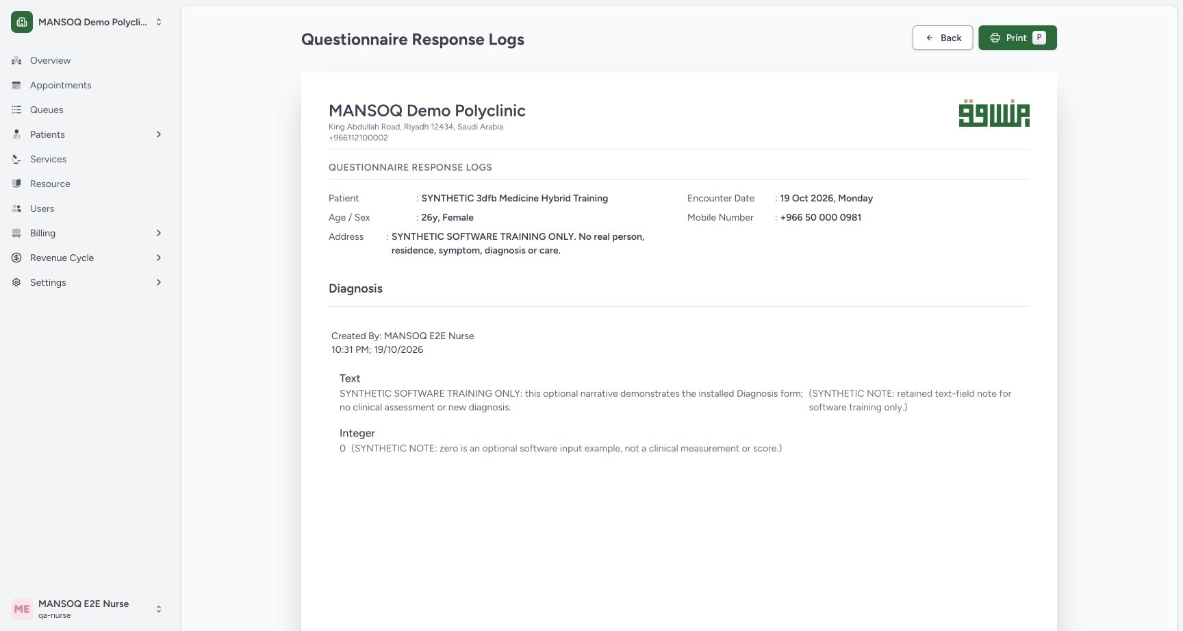 Review the single-response print preview. Genuine synthetic ordinary Diagnosis response.