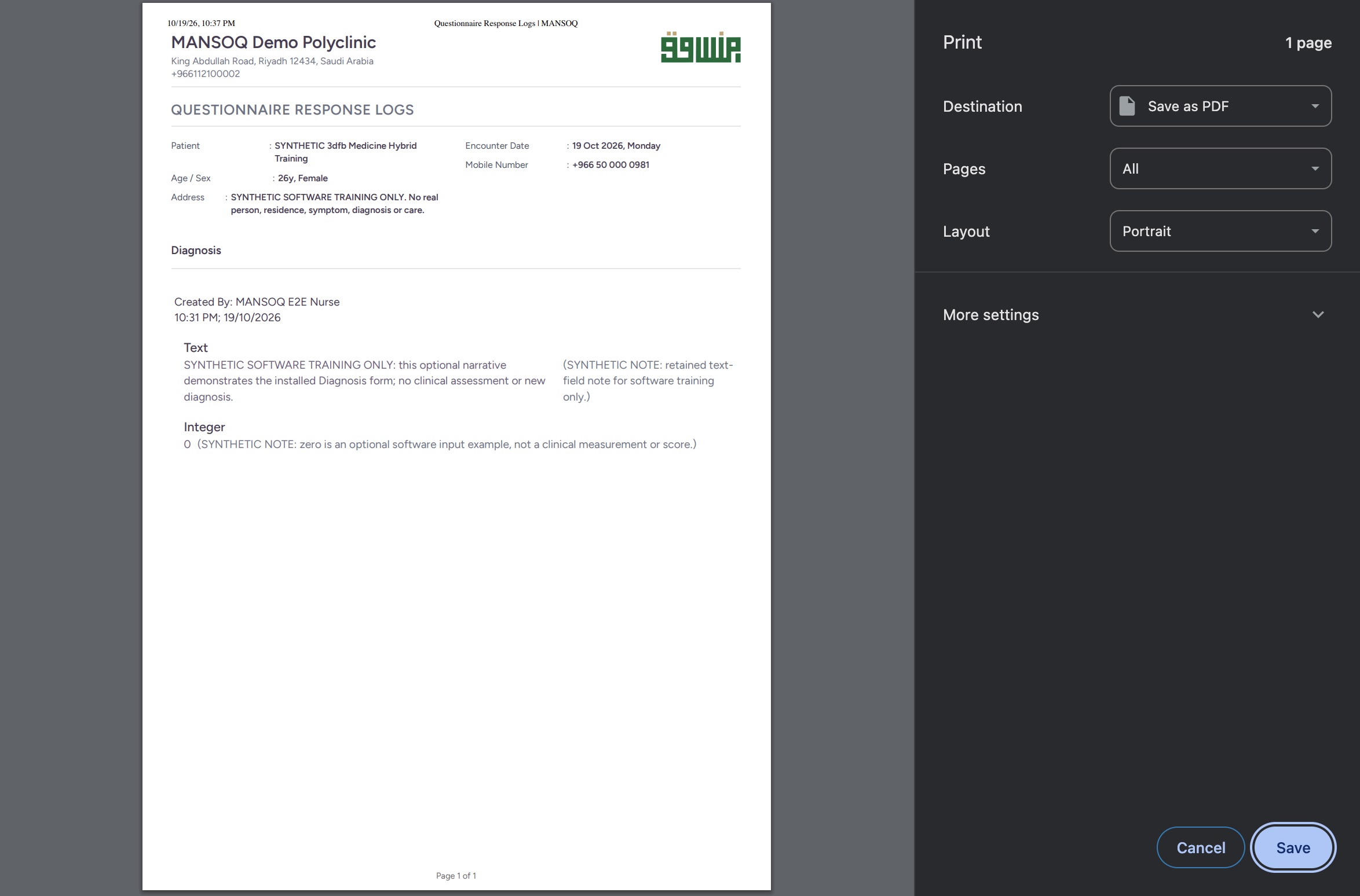 Use the native macOS Print Save as PDF settings. Genuine synthetic ordinary Diagnosis response.