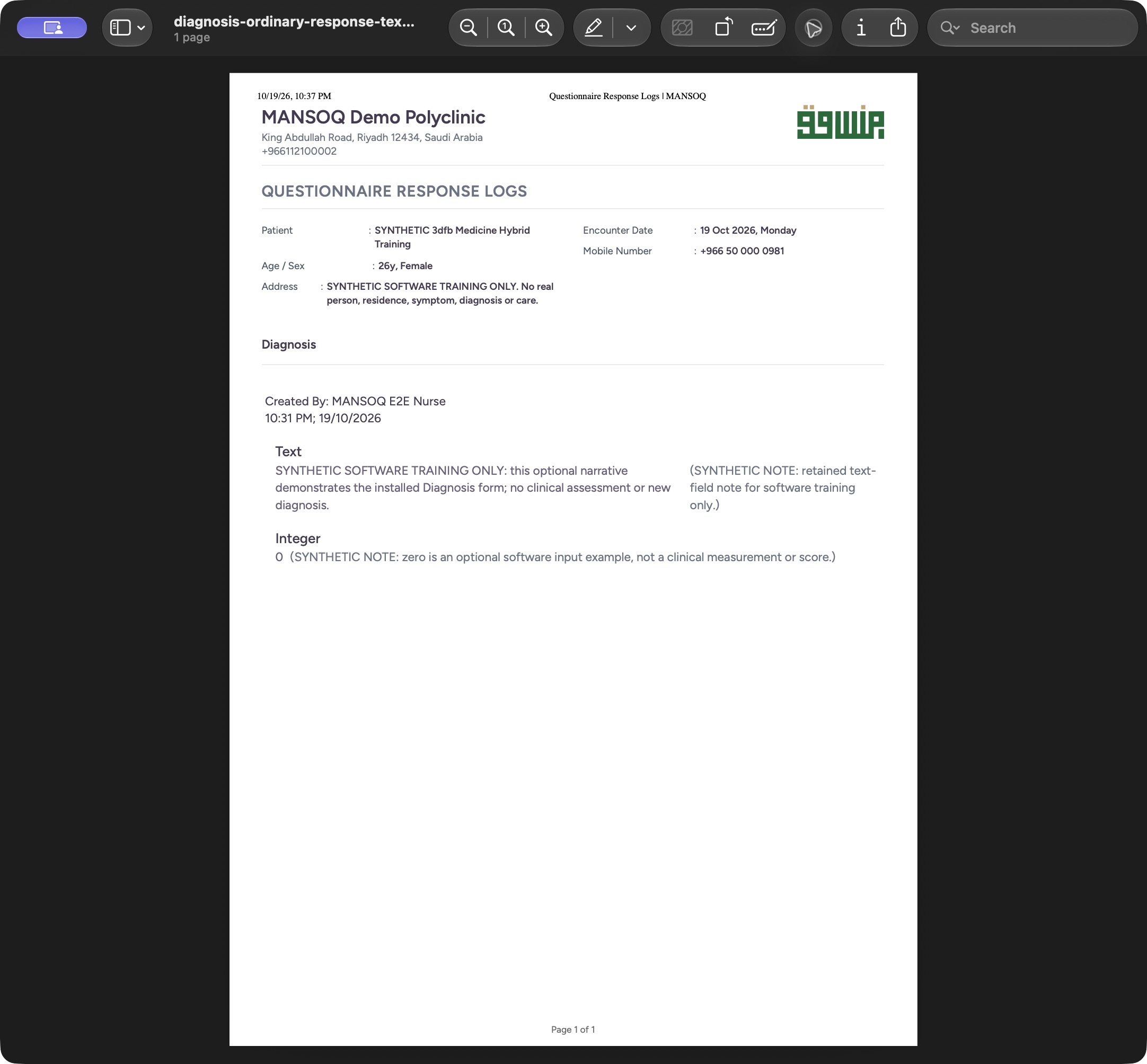 Read the saved one-page PDF in macOS Preview. Genuine synthetic ordinary Diagnosis response.