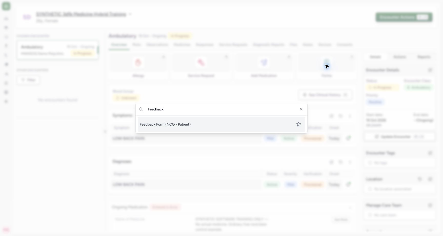 Select the installed Feedback Form (NCG - Patient). Genuine 1728 by 921 MANSOQ desktop with an ordinary Nurse and a clearly fictional Polyclinic encounter.