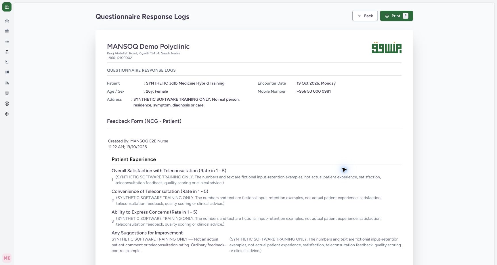 Review the selected response print context. Genuine 1728 by 921 MANSOQ desktop with an ordinary Nurse and a clearly fictional Polyclinic encounter.