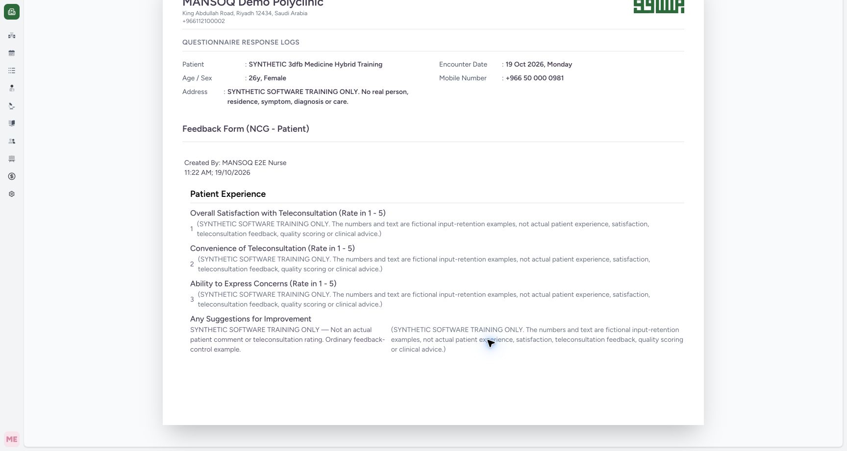 Read all four ordinary answers and full notes in the application preview. Genuine 1728 by 921 MANSOQ desktop with an ordinary Nurse and a clearly fictional Polyclinic encounter.