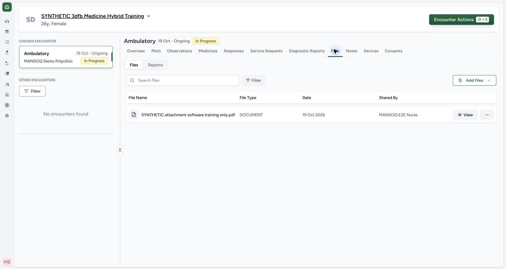 Identify the existing synthetic encounter attachment. Genuine synthetic encounter Files view.