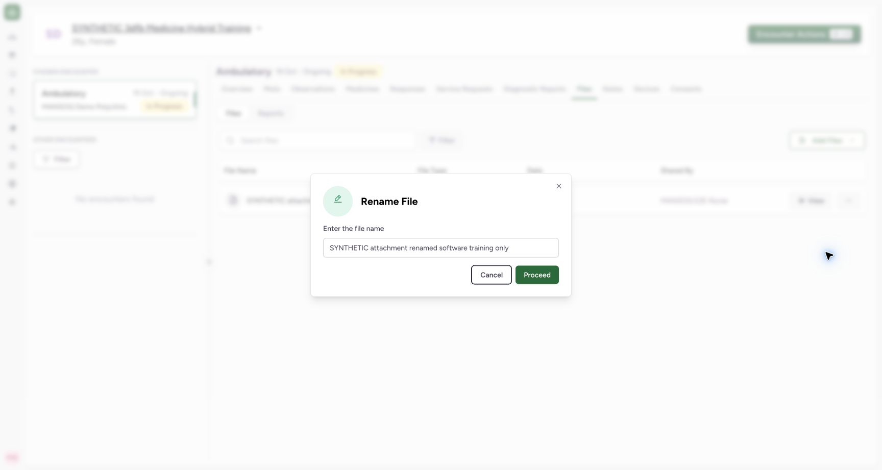 Enter the new display name and use Proceed. Genuine synthetic encounter Files view.