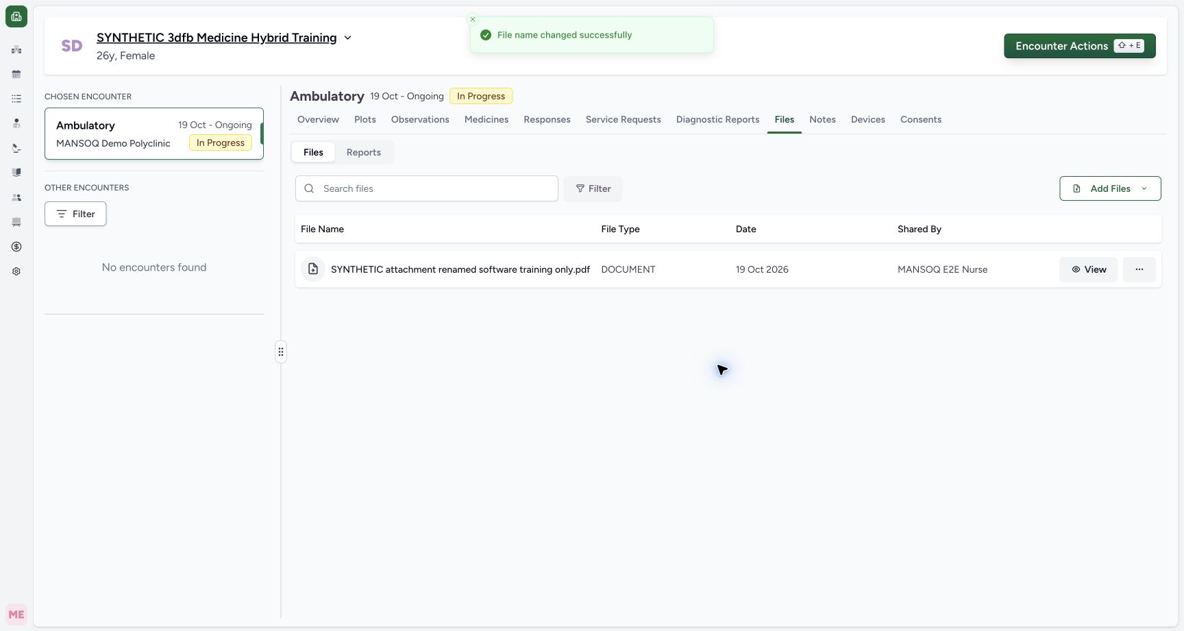 Read the successful Rename and original upload metadata. Genuine synthetic encounter Files view.
