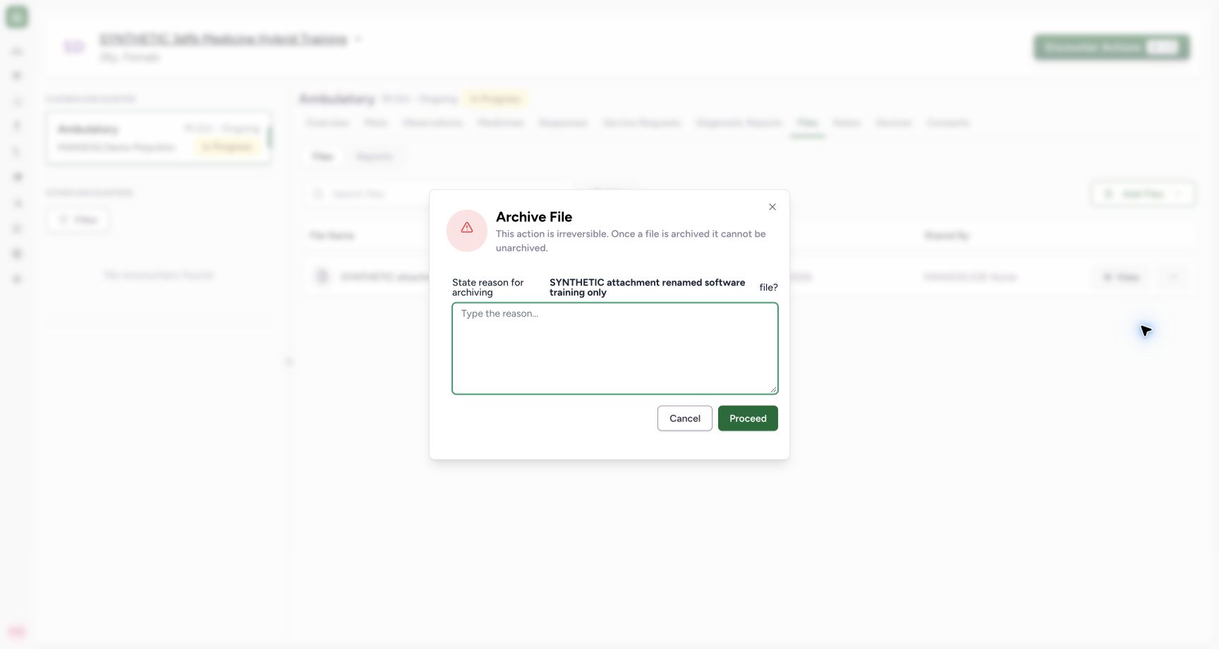 Read the archive warning and choose Cancel. Genuine synthetic encounter Files view.