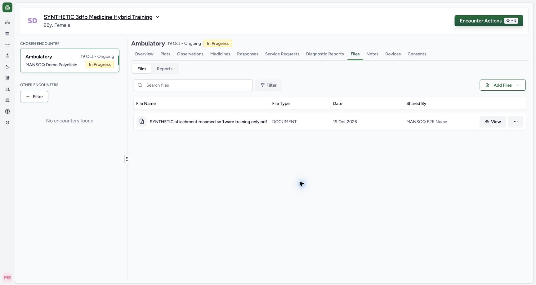 Check the stable active file after Cancel. Genuine synthetic encounter Files view.