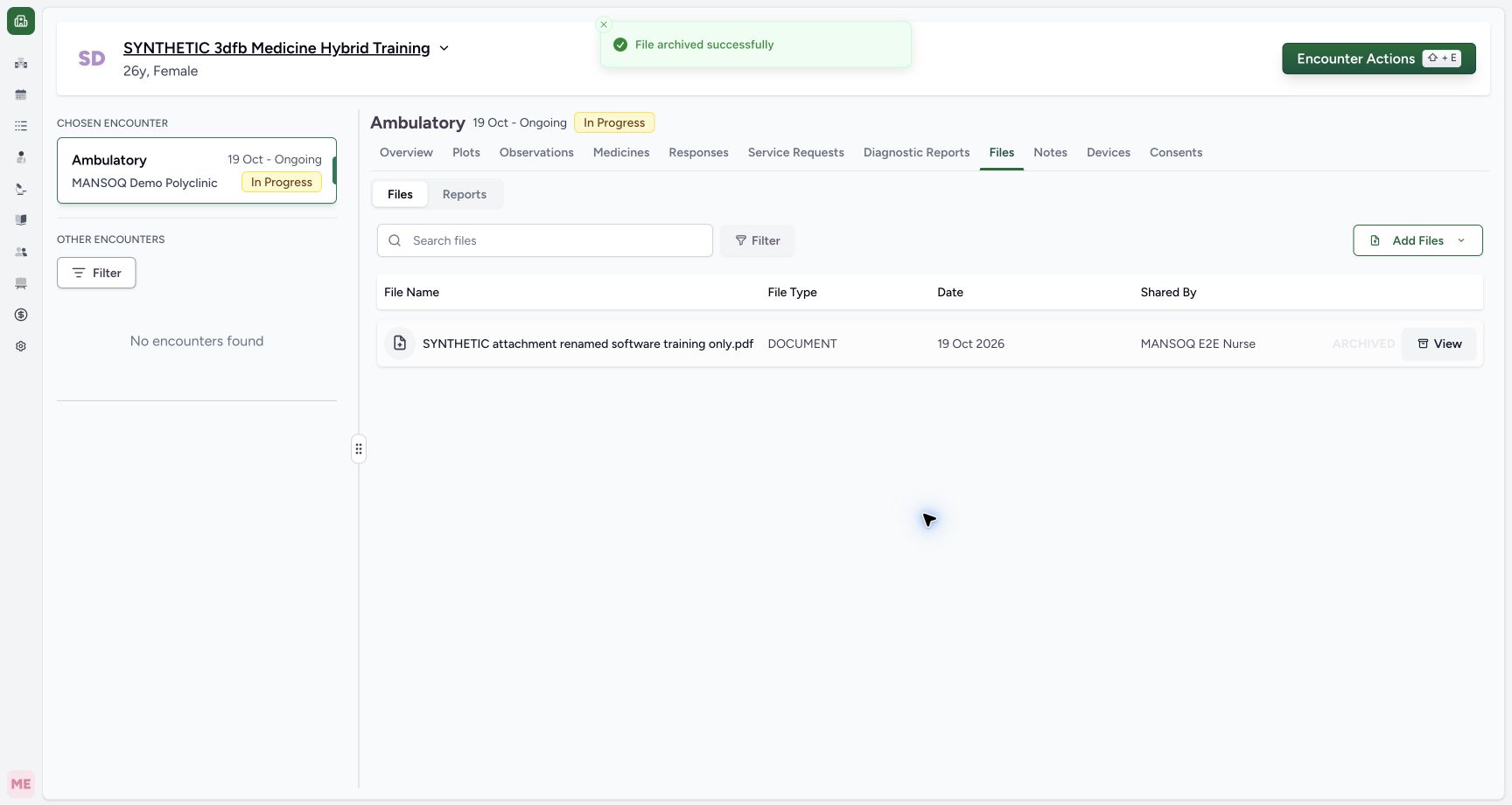 Read Archive success with the retained ARCHIVED row. Genuine synthetic encounter Files view.