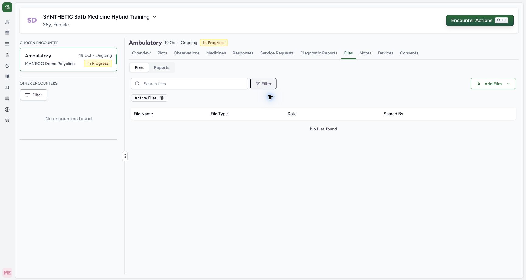 Read the empty Active Files subset. Genuine synthetic encounter Files view.