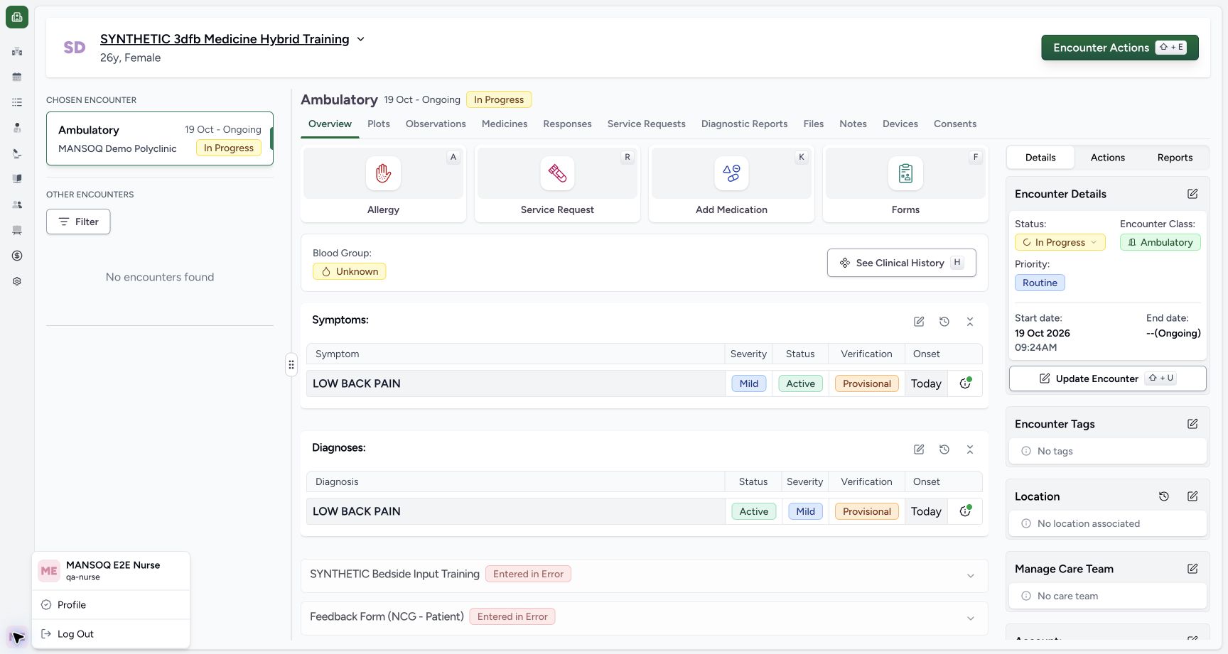 Check the existing Nurse account. Genuine wide MANSOQ ordinary Nurse view of an explicitly fictional reported-medication software-training case.