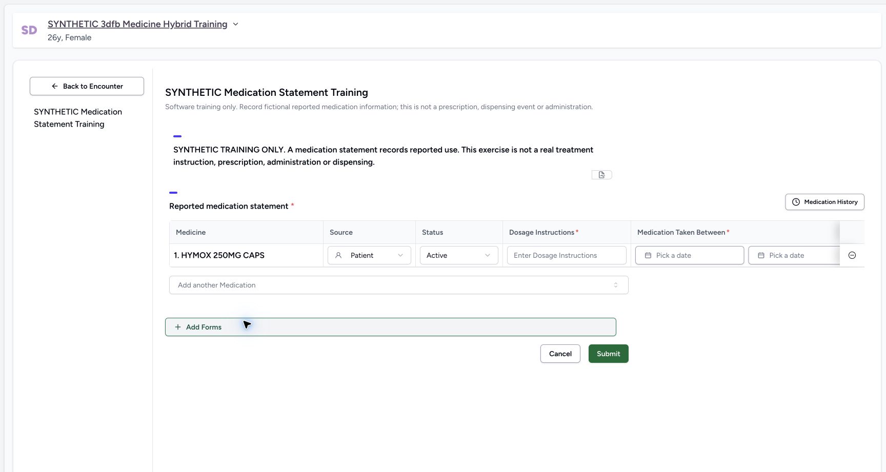 Inspect the new row and required fields. Genuine wide MANSOQ ordinary Nurse view of an explicitly fictional reported-medication software-training case.