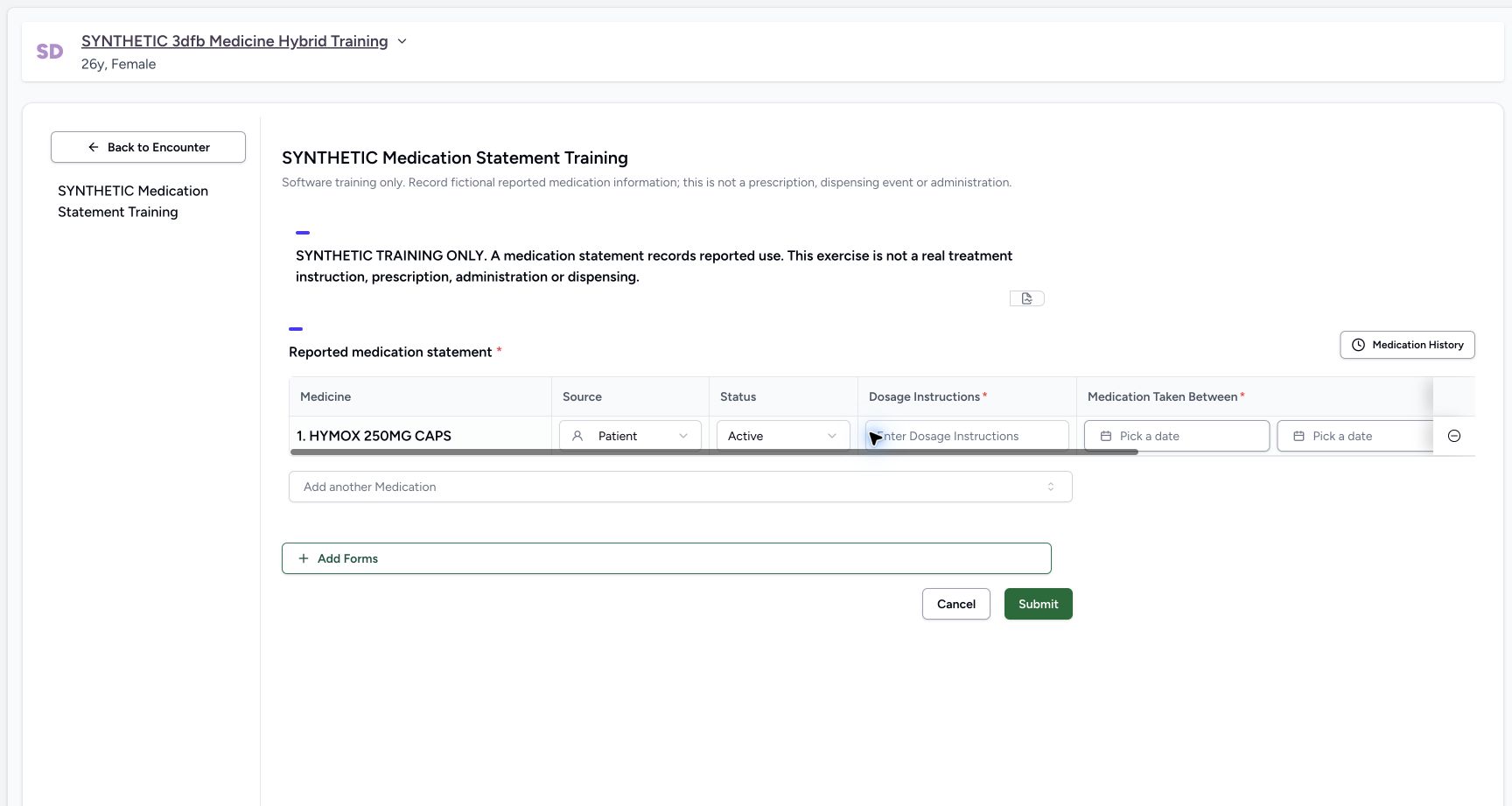 Review the controlled incomplete row before Submit. Genuine wide MANSOQ ordinary Nurse view of an explicitly fictional reported-medication software-training case.