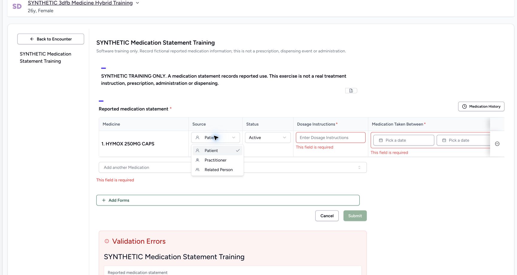 Choose the information source. Genuine wide MANSOQ ordinary Nurse view of an explicitly fictional reported-medication software-training case.