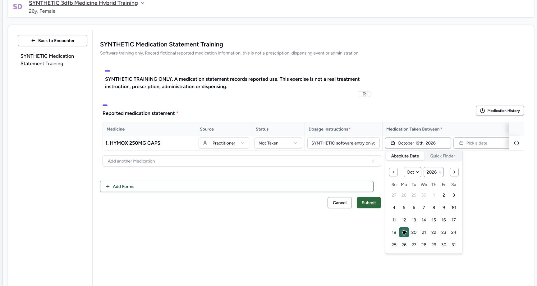 Read the retained selected day. Genuine wide MANSOQ ordinary Nurse view of an explicitly fictional reported-medication software-training case.