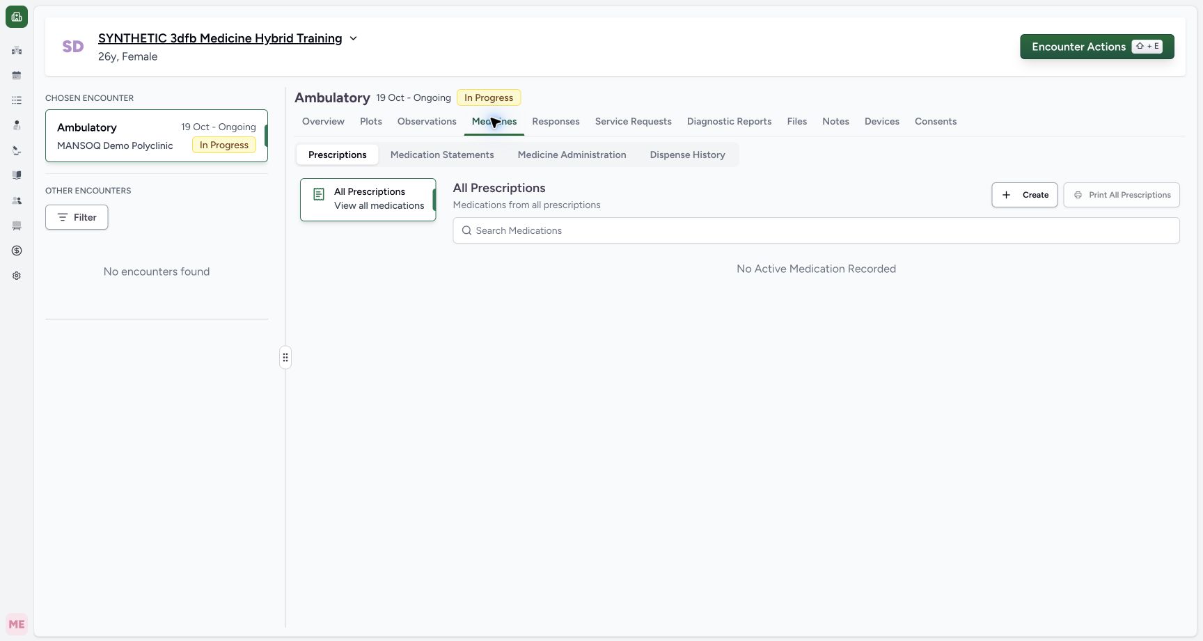 Navigate to Medication Statements. Genuine wide MANSOQ ordinary Nurse view of an explicitly fictional reported-medication software-training case.