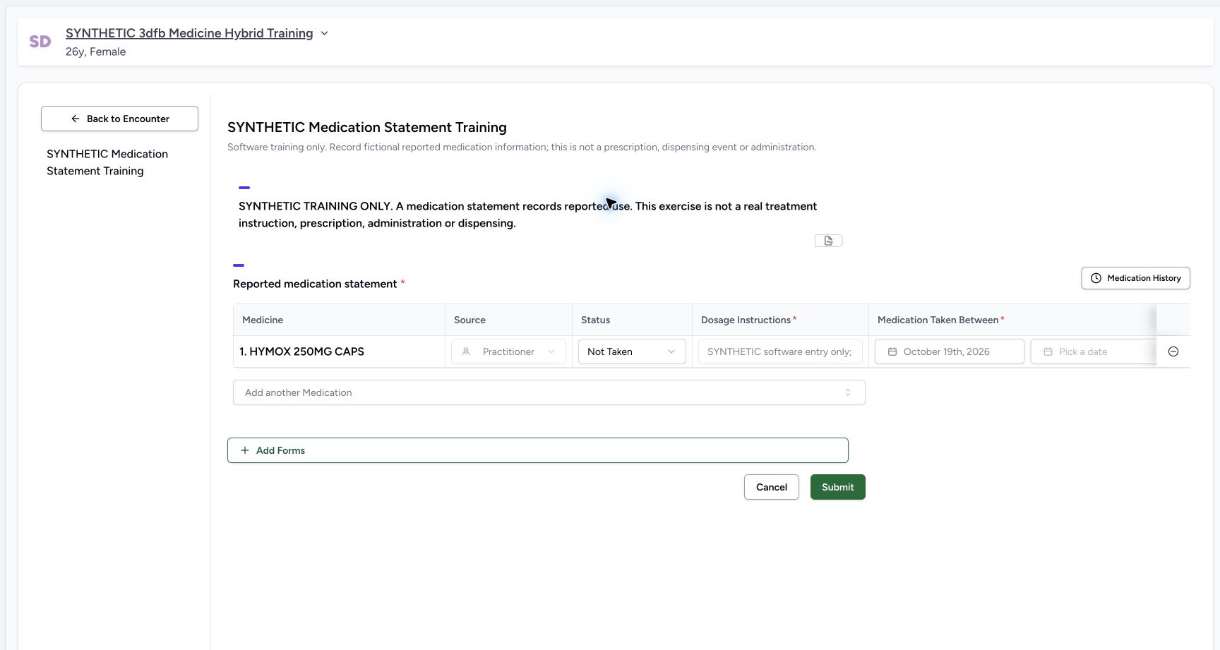 Inspect saved field restrictions. Genuine wide MANSOQ ordinary Nurse view of an explicitly fictional reported-medication software-training case.
