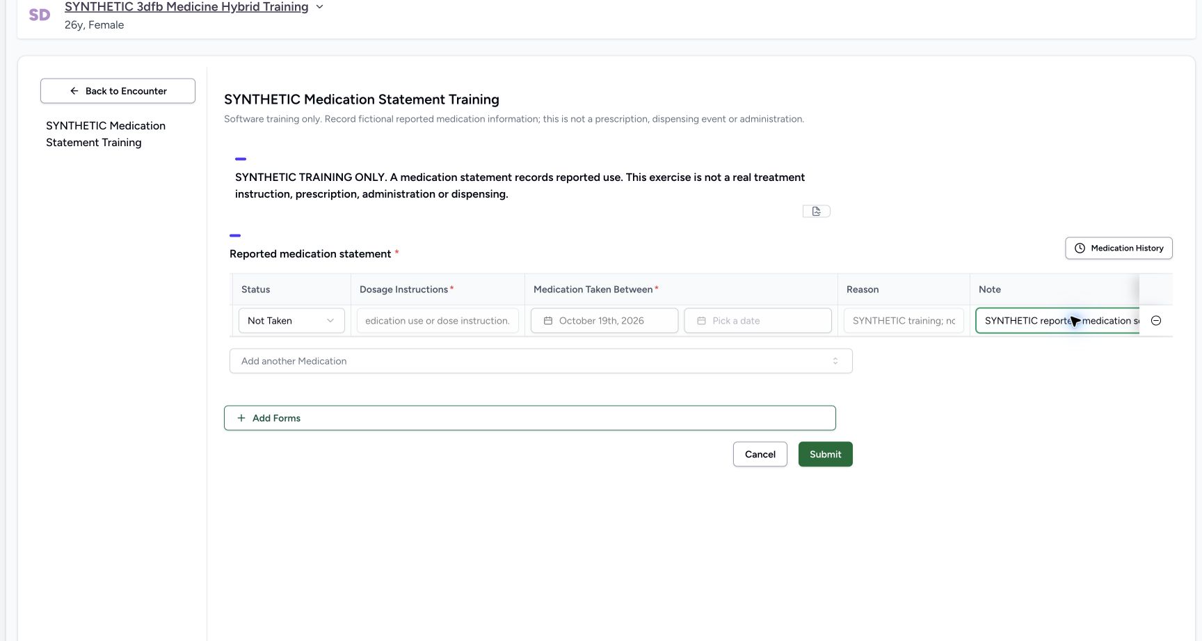 Inspect the saved right-side fields. Genuine wide MANSOQ ordinary Nurse view of an explicitly fictional reported-medication software-training case.