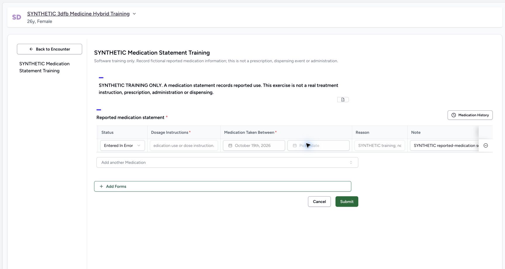 Read the local correction draft. Genuine wide MANSOQ ordinary Nurse view of an explicitly fictional reported-medication software-training case.