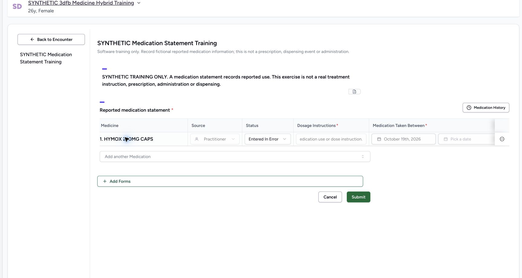 Review the correction before Submit. Genuine wide MANSOQ ordinary Nurse view of an explicitly fictional reported-medication software-training case.