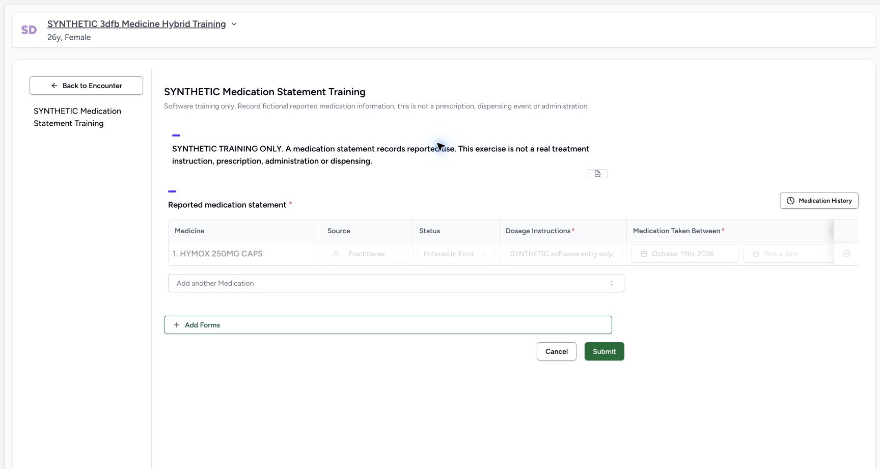 Inspect the retained locked Error row. Genuine wide MANSOQ ordinary Nurse view of an explicitly fictional reported-medication software-training case.