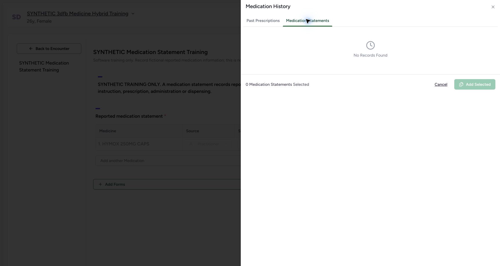 Read the history-selector consequence. Genuine wide MANSOQ ordinary Nurse view of an explicitly fictional reported-medication software-training case.