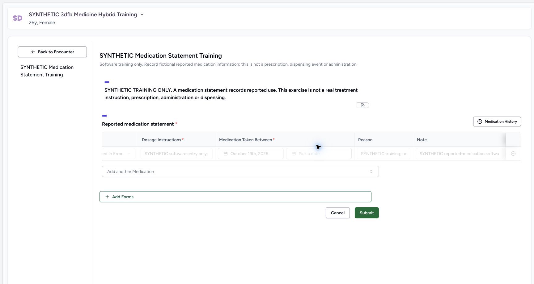 Read the retained right-side Error fields. Genuine wide MANSOQ ordinary Nurse view of an explicitly fictional reported-medication software-training case.