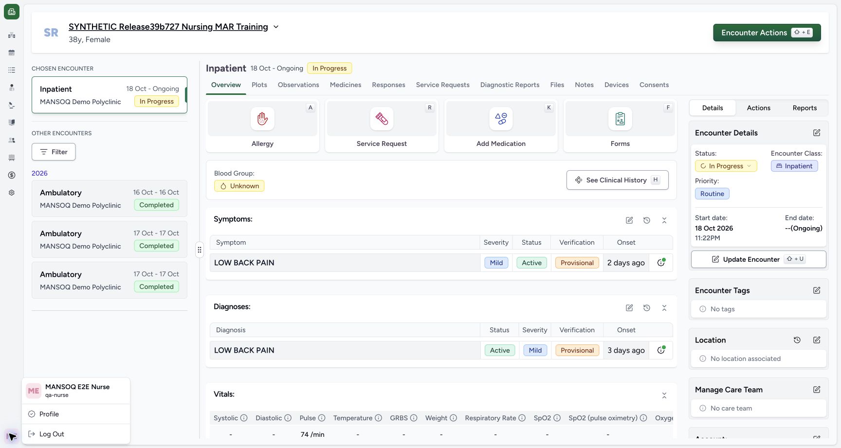 Nurse account and synthetic encounter context in the fictional Nurse mixed-batch software demonstration