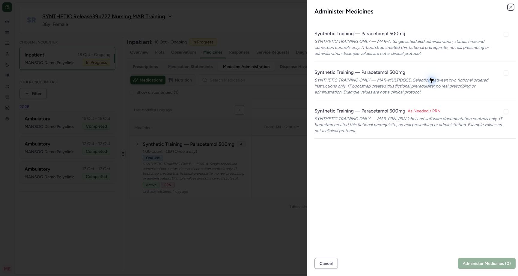 Reopened sheet with zero selected requests in the fictional Nurse mixed-batch software demonstration