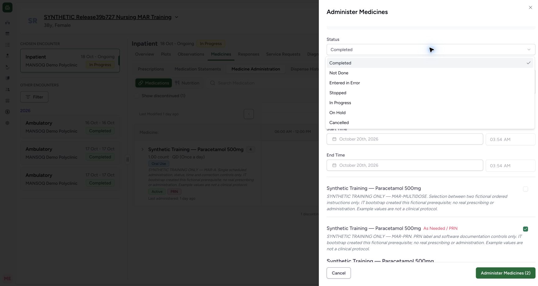 MAR-A status options in the fictional Nurse mixed-batch software demonstration