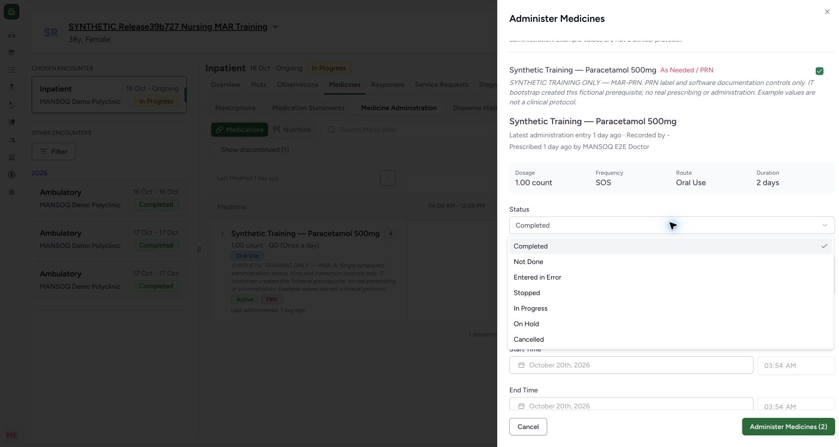 PRN status options in the fictional Nurse mixed-batch software demonstration