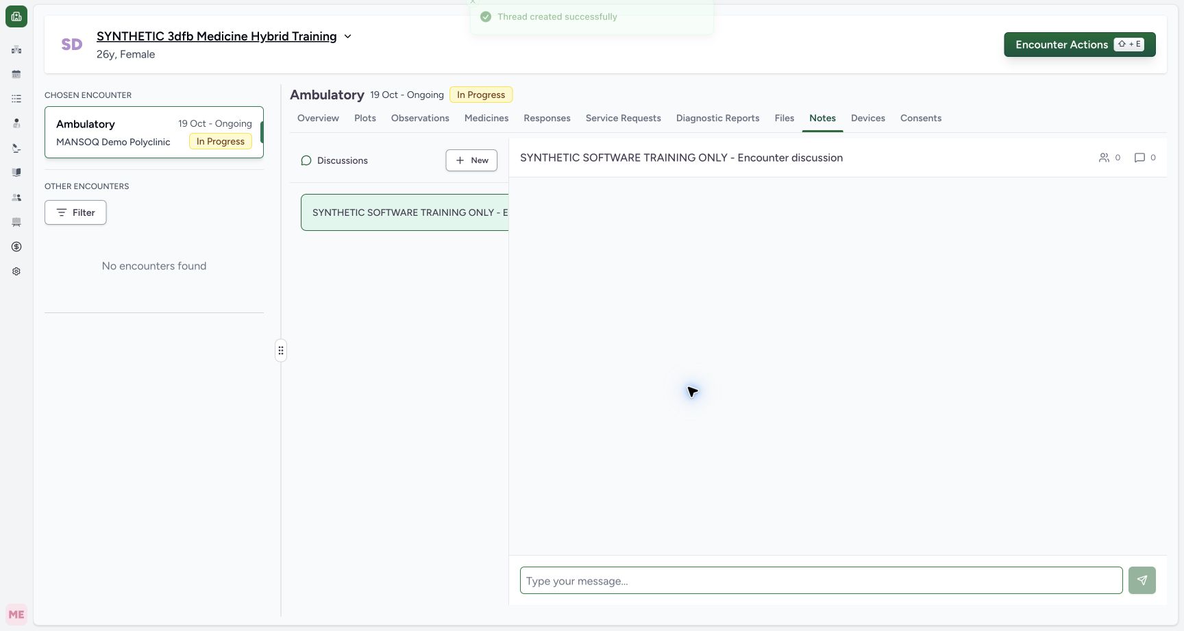 Created thread zero messages on the synthetic training case