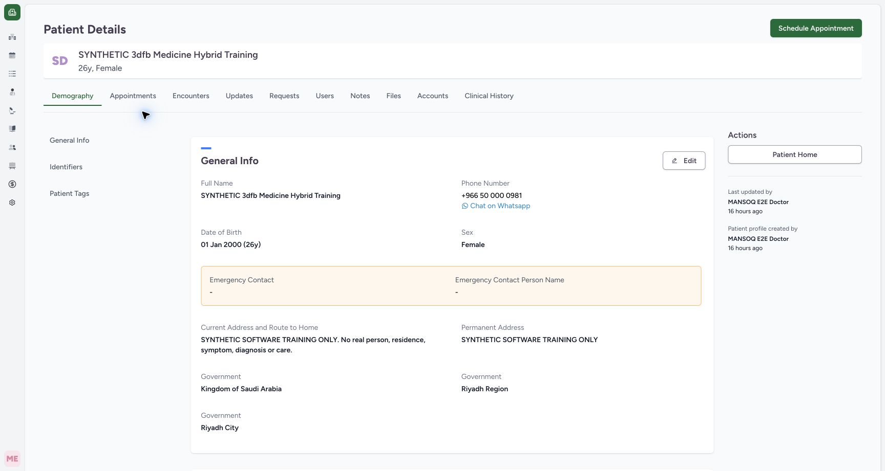 Patient profile notes tab entry on the synthetic training case