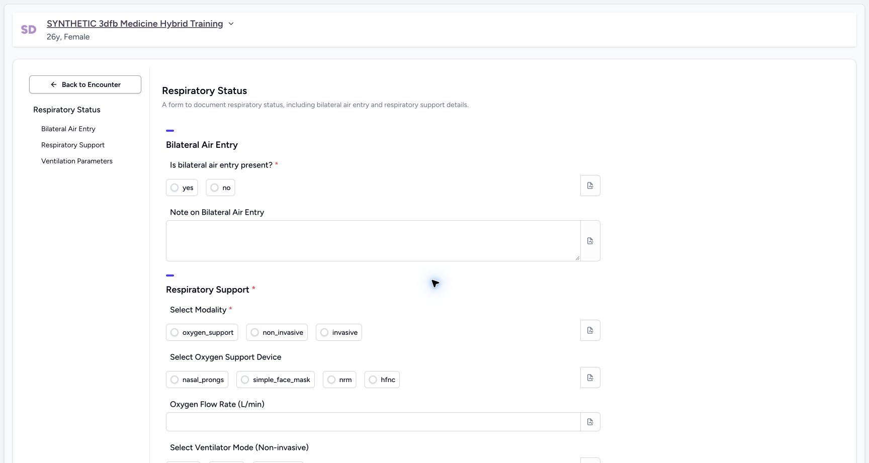 Review the blank form and required choices. Genuine synthetic Respiratory Status software-training example.