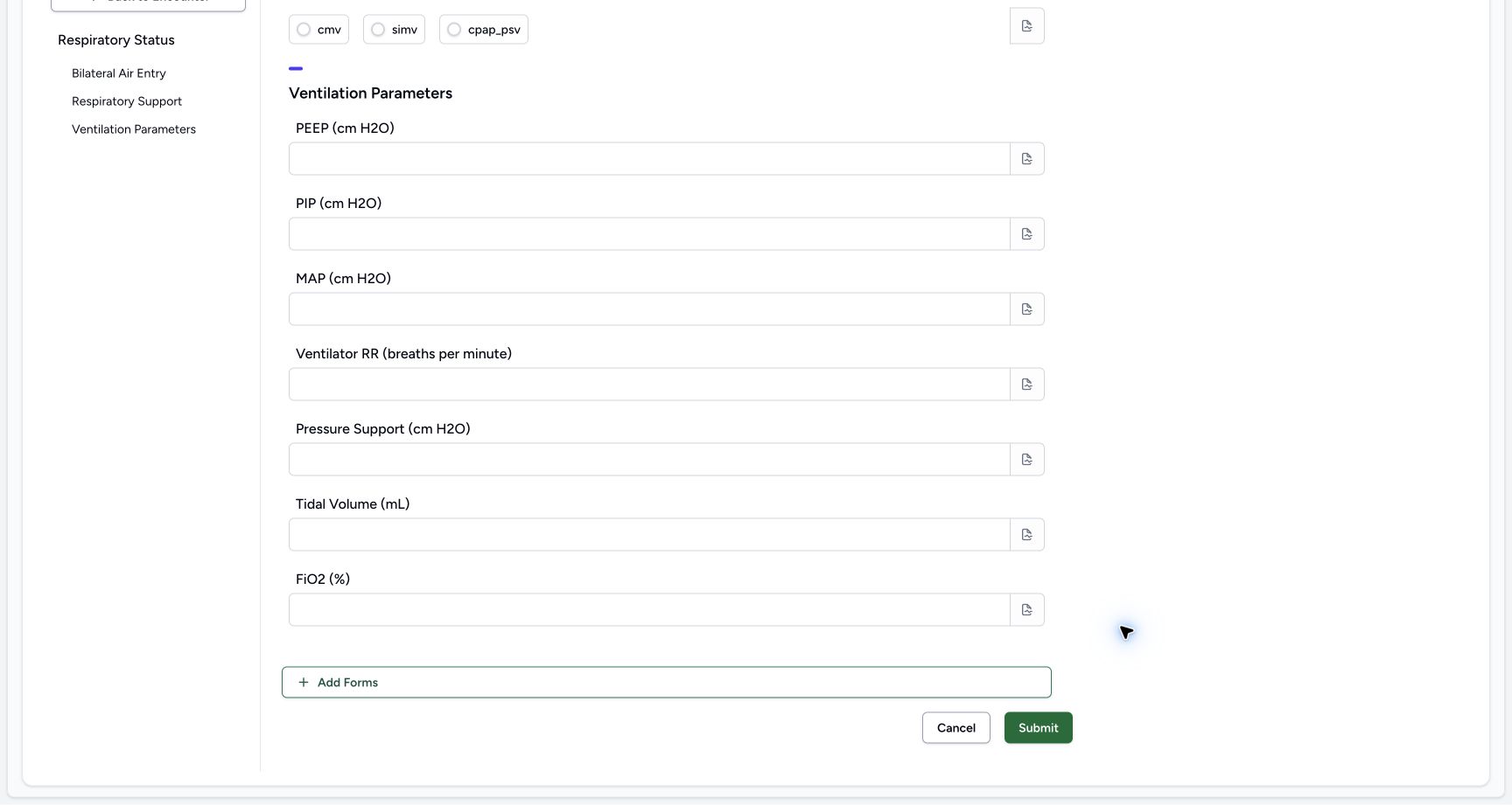 Read the optional parameters and Cancel. Genuine synthetic Respiratory Status software-training example.
