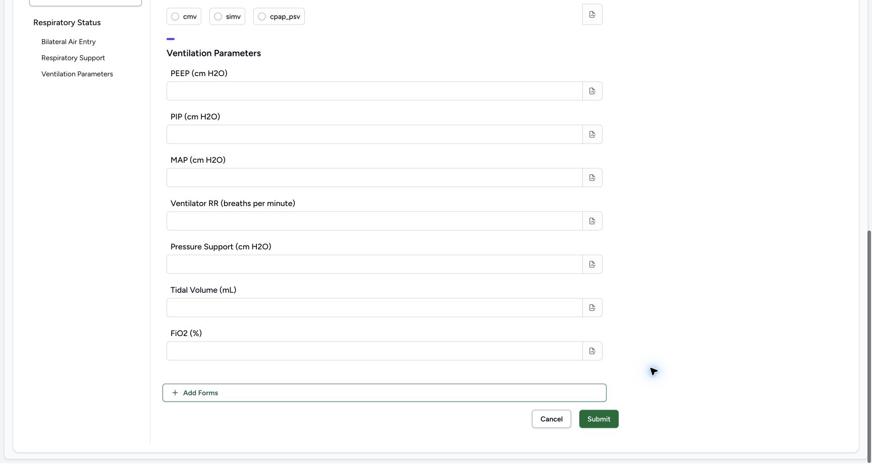 Try Submit with the required choices blank. Genuine synthetic Respiratory Status software-training example.
