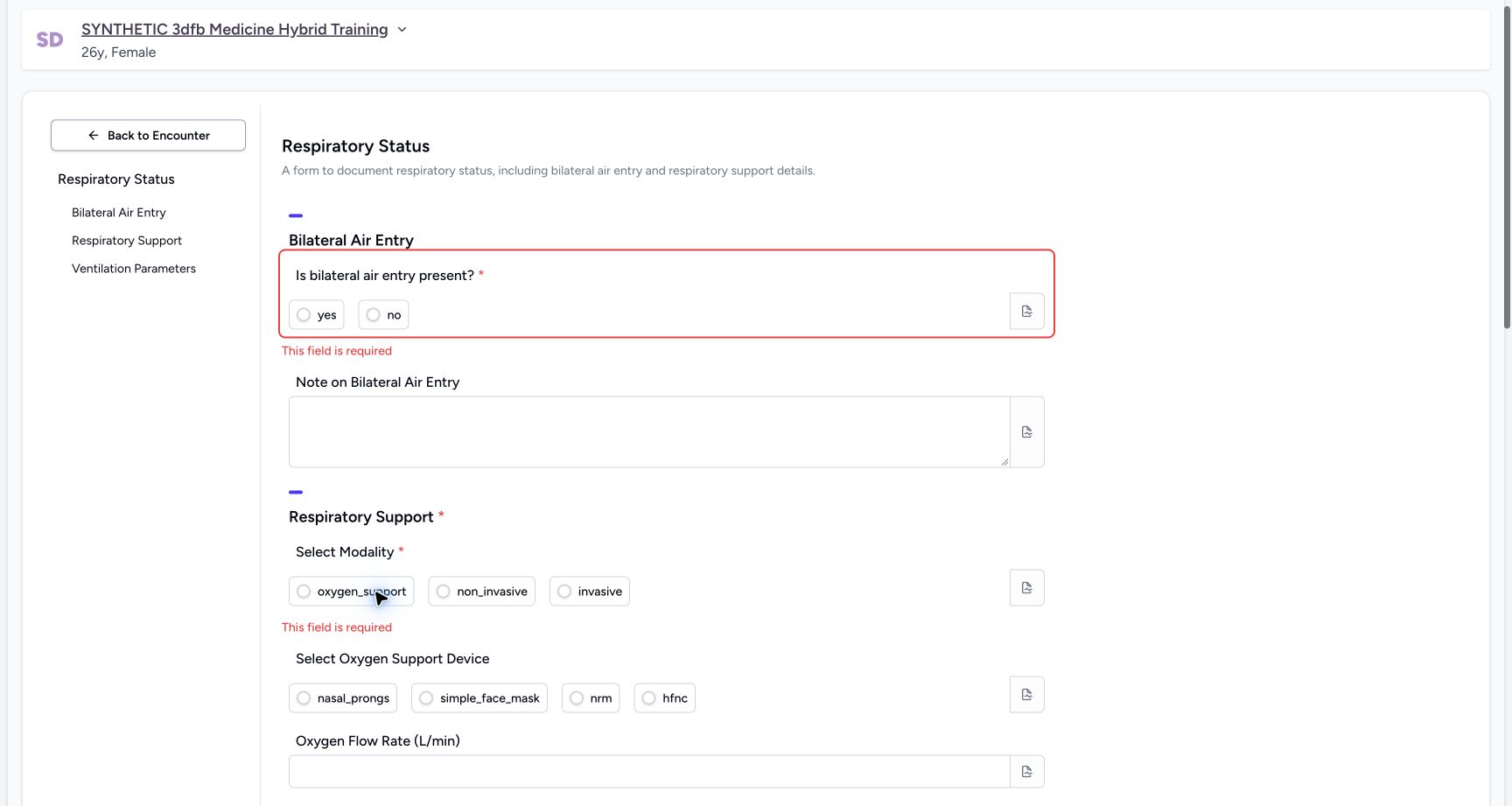 Locate the highlighted required question. Genuine synthetic Respiratory Status software-training example.