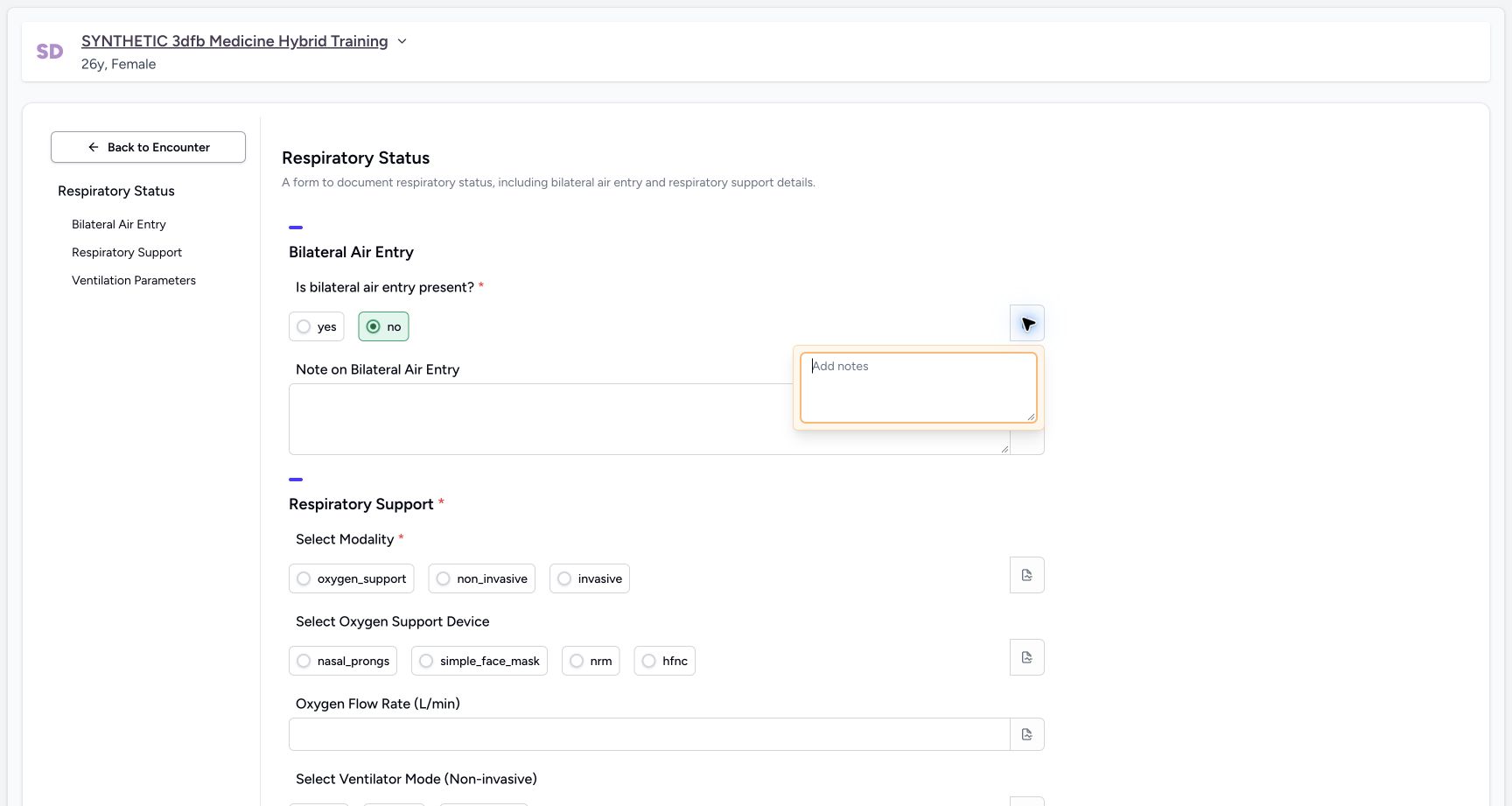 Restore no and inspect its separate note control. Genuine synthetic Respiratory Status software-training example.