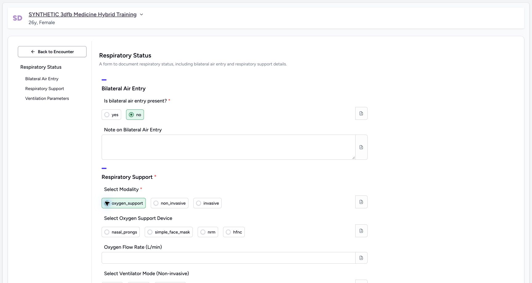 Exercise modality oxygen_support. Genuine synthetic Respiratory Status software-training example.