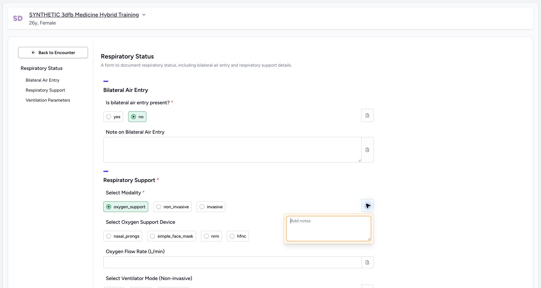 Restore oxygen_support and open its note. Genuine synthetic Respiratory Status software-training example.