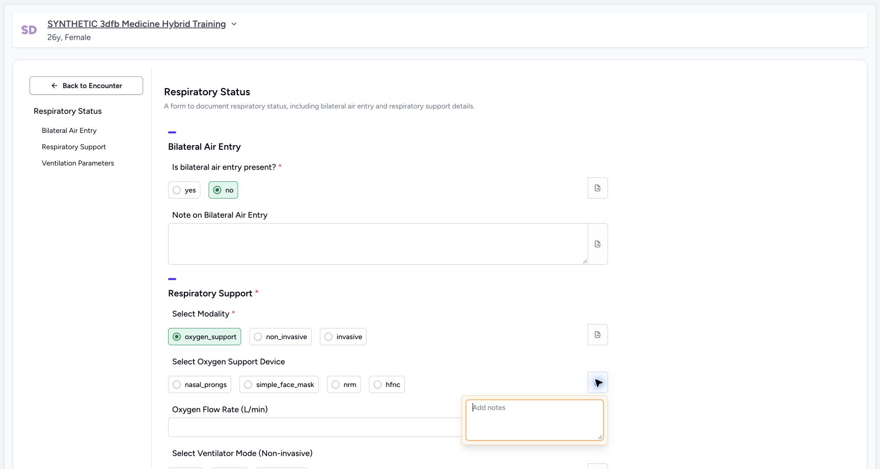 Inspect the separate oxygen-device note. Genuine synthetic Respiratory Status software-training example.