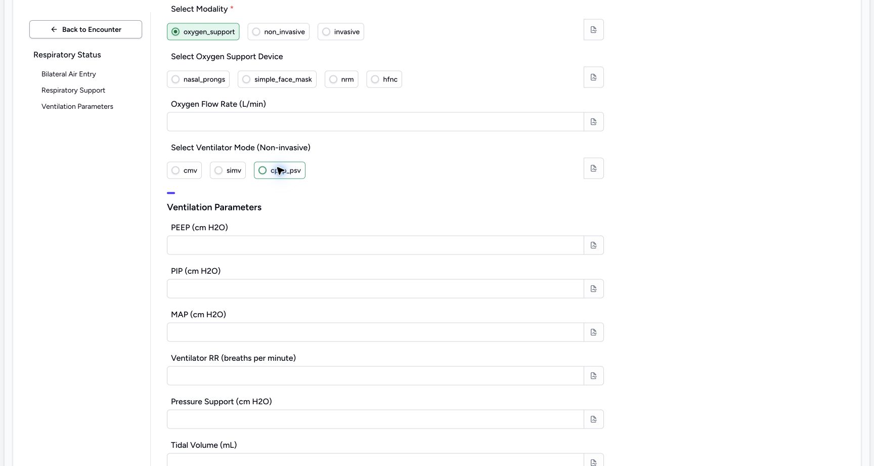 Clear the optional mode choice. Genuine synthetic Respiratory Status software-training example.