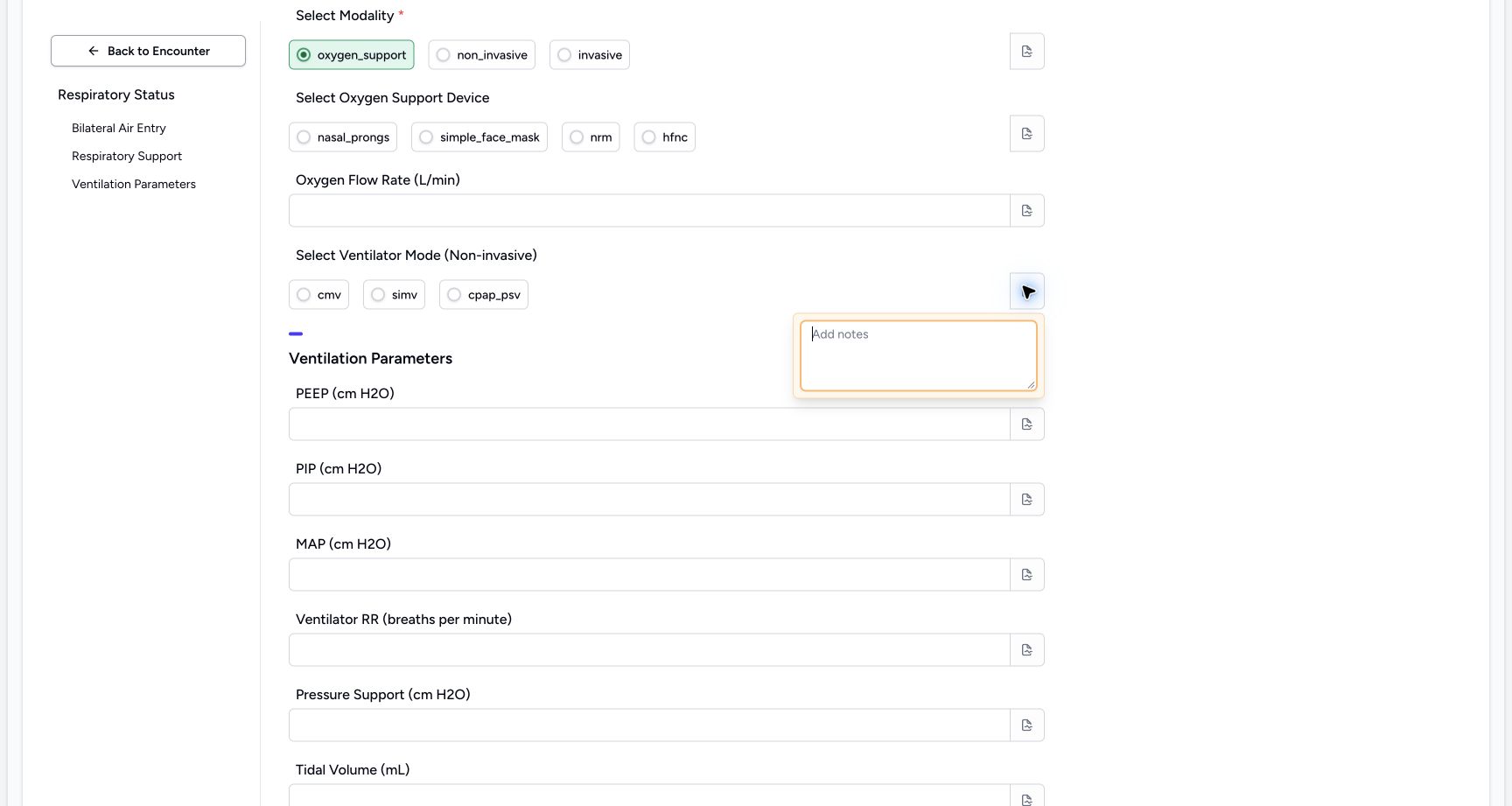 Inspect the separate mode note. Genuine synthetic Respiratory Status software-training example.
