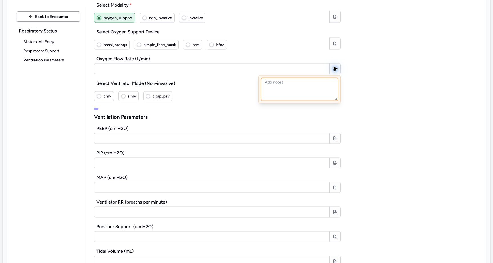 Inspect the Oxygen Flow Rate (L/min) note control. Genuine synthetic Respiratory Status software-training example.